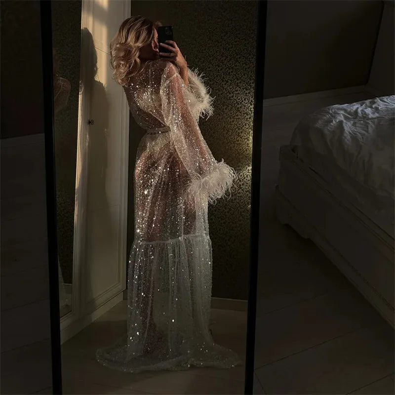 Sexy Women Summer Sheer Nightgown Long Dress Long Sleeve Plush Cuff  See Through Sequins Party Nightdress