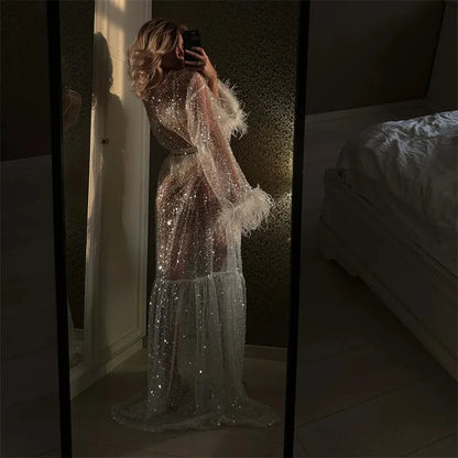 Sexy Women Summer Sheer Nightgown Long Dress Long Sleeve Plush Cuff  See Through Sequins Party Nightdress
