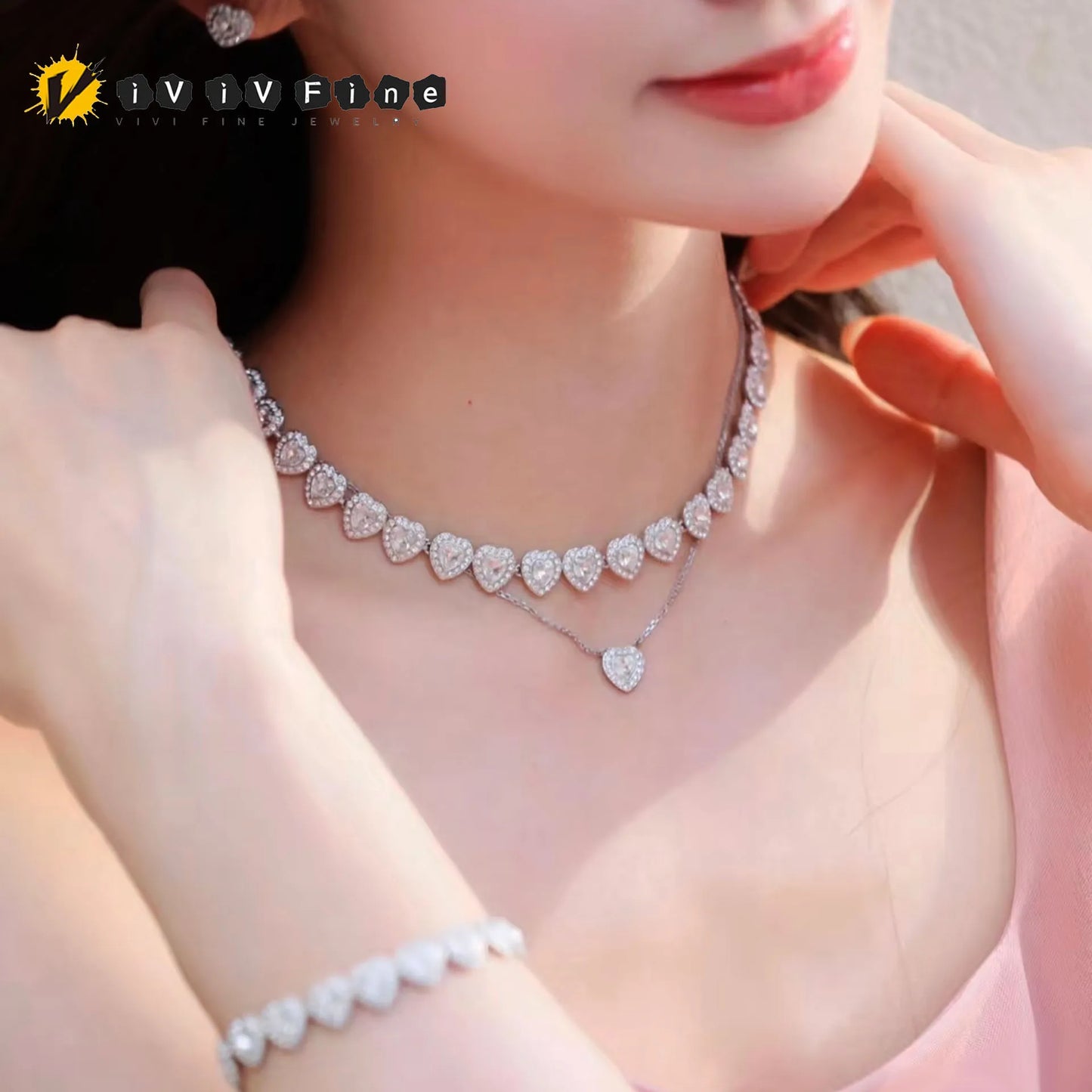 Original Princess Sparkling Crystal Wedding High-end Jewelry Set Charming Women's Heart-shaped Necklace Earrings Bracelet Ring