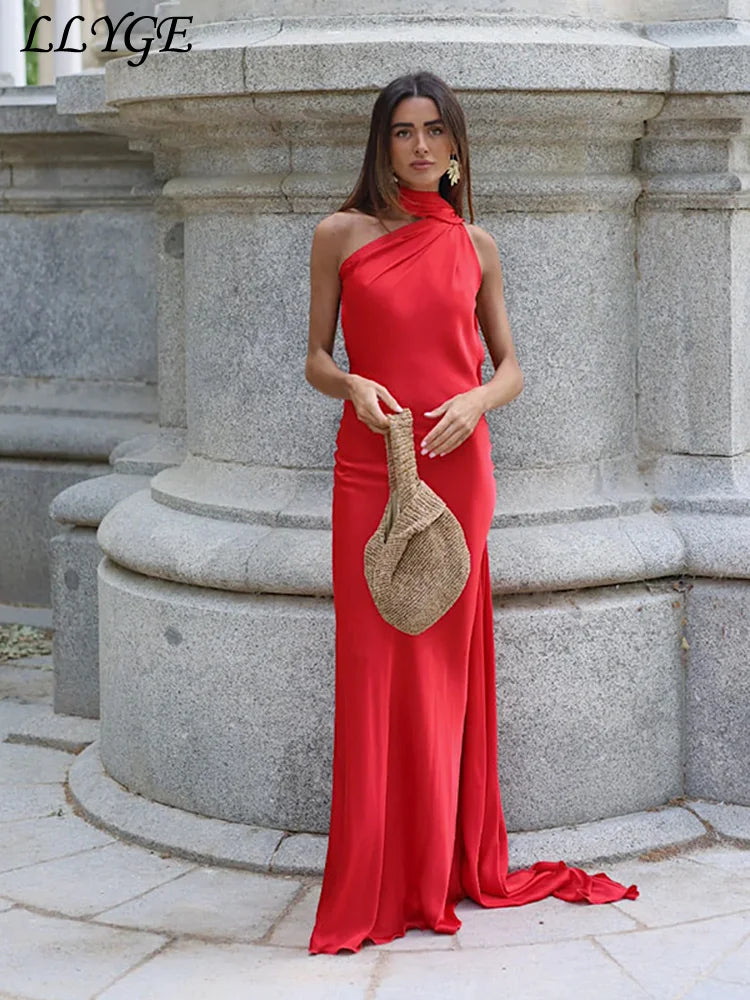 Elegant Women's Ribbon Long Satin Party Dress Halter Backless Sleeveless Female Dresses 2025 Summer Lady Solid Evening Gowns