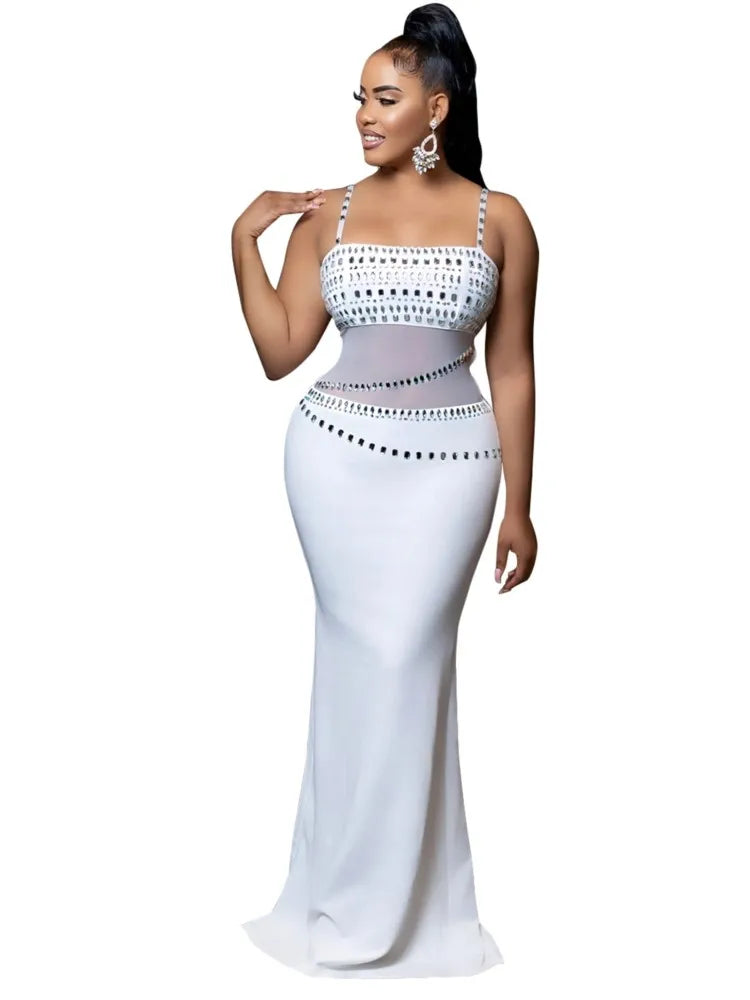 Fashion Women's Hot Diamond Mesh Dresses Summer New Sexy Transparent Lace Party Elegant Female Maxi Dress 2025