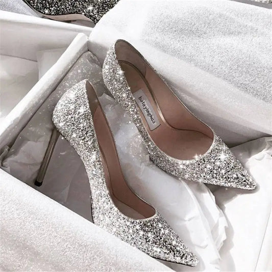 2022 Fashion Spring New Autumn Woman 9CM/7CM High Heels Silver Wedding Shoes Stiletto Pointed Toe Slip-on PU Bling Luxury Ladies
