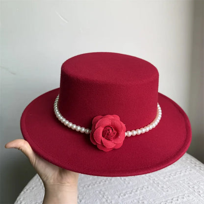 French Black Big Brim Top Hat Women Elegant Retro Style Flat-top Fedora Hat British Pearl Floral Wide Brim Hat Photography