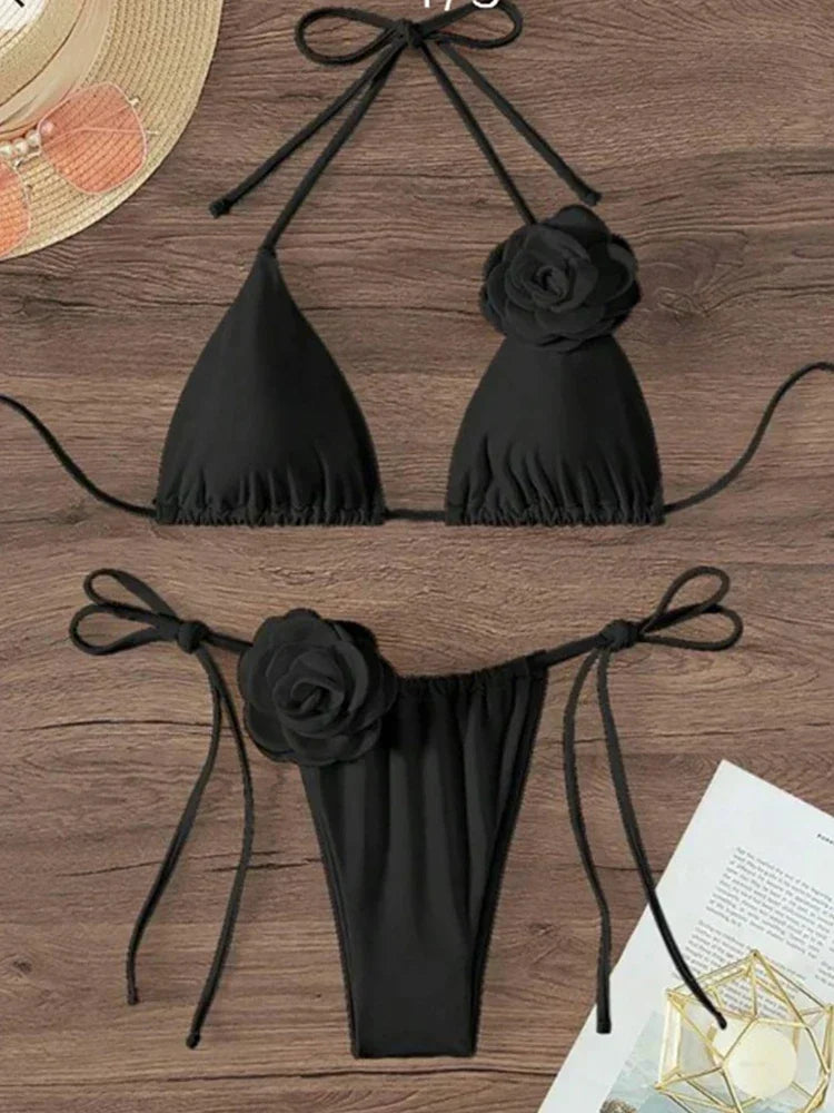 S - XL Sexy 3D Flowers Halter Strappy Bikini Women Swimwear Female Swimsuit Two-pieces Bikini set Bather Bathing Suit Swim