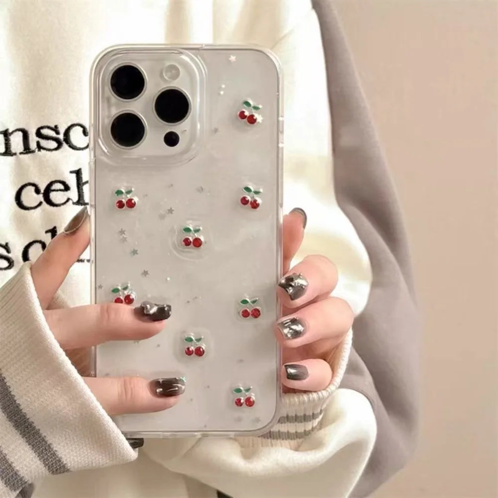 Cute Epoxy Cherry Glitter Clear Phone Case For iPhone 16 15 14 13 12 11 Pro Max Plus Luxury Sequins Bling Back Cover Women Girl