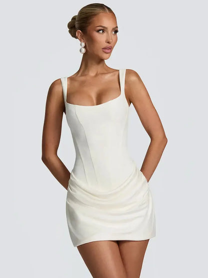 GACVGA Backless Ruched Sexy Bodycon Mini Dress for Women Elegant Bandage Square Collar Sleeveless High Waist Club Party Dress