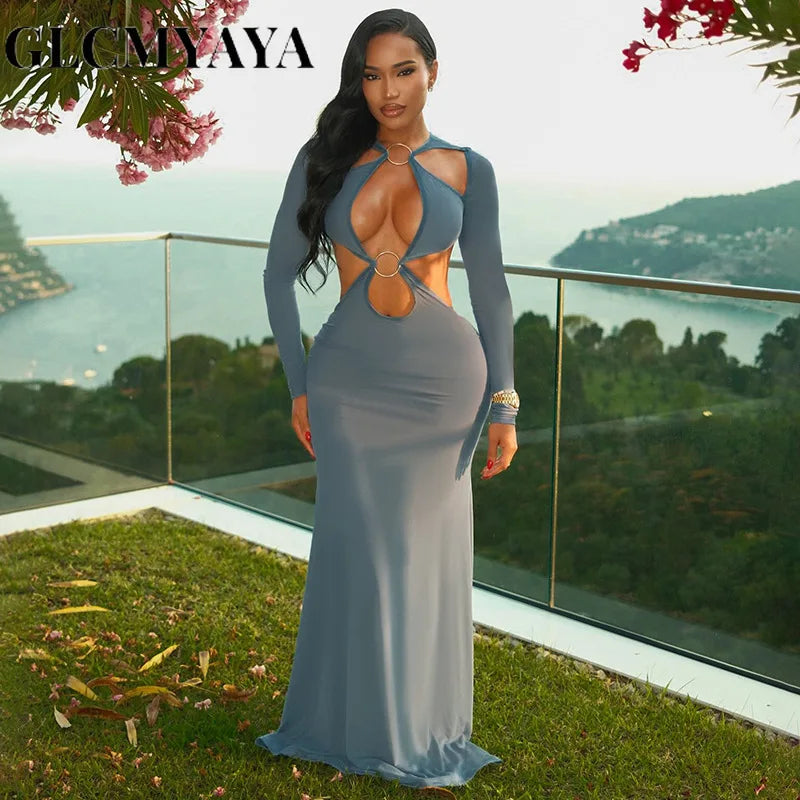 GLCMYAYA Women Cutout Roll Splicing Long Sleeve Bodycon Midi Maxi Long Dress 2025 Fall Vacation Party Birthday Dresses Vestidos