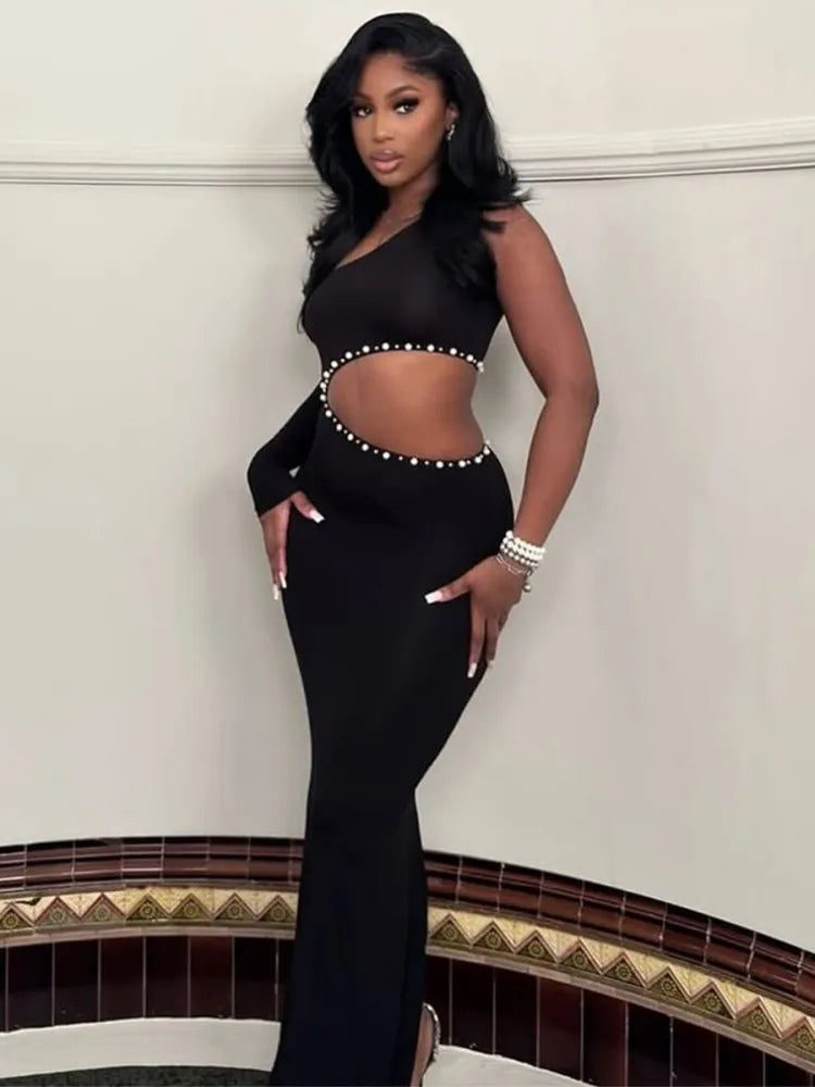 Joskaa Elegant Rhinestone Hollow Maxi Birthday Dress Woman Sexy O-Neck Single Sleeve Skinny Vestidos 2025 Evening Party Clubwear