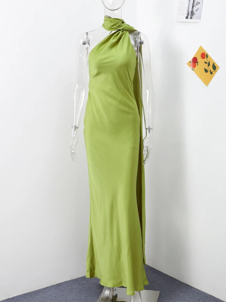 Elegant Ribbon Halter Dress Women Solid Off Shoulder Sleeveless Backless Slim Maxi Dresses 2025 Summer Autumn Party Robes Lady