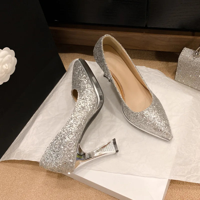 Fashion Sequined Women Pumps 2024New Women's Shoes Pointed Toe Shallow Mouth Shoes Female Comfort Women High Heels spring autumn