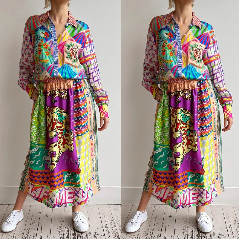 2025 Summer Women's Beach Wear Outfits Pareo Graffiti Casual Two Suit Satin Print Long Sleeved Shirt Skirt Clothes Robe Plage