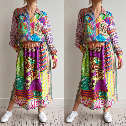 2025 Summer Women's Beach Wear Outfits Pareo Graffiti Casual Two Suit Satin Print Long Sleeved Shirt Skirt Clothes Robe Plage
