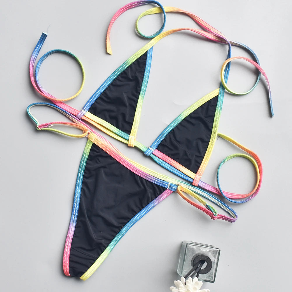 Women Bikini Sexy Three Point MultiColor Thin Straps Lace Up See Through Bikini Top + Panties Brazilian Biquinis