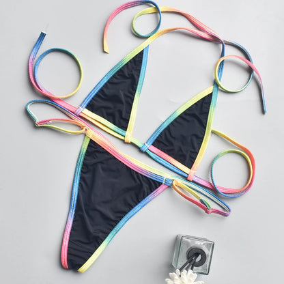 Women Bikini Sexy Three Point MultiColor Thin Straps Lace Up See Through Bikini Top + Panties Brazilian Biquinis
