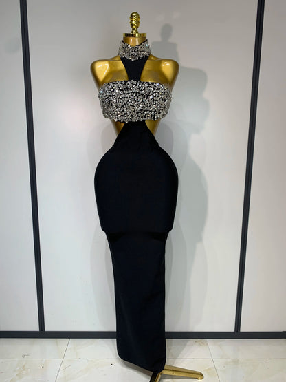 Women Sexy Backless Sparkly Crystal Diamonds Black Bodycon Bandage Dress Celebrity Elegant Evening Club Party Birthday Dresses