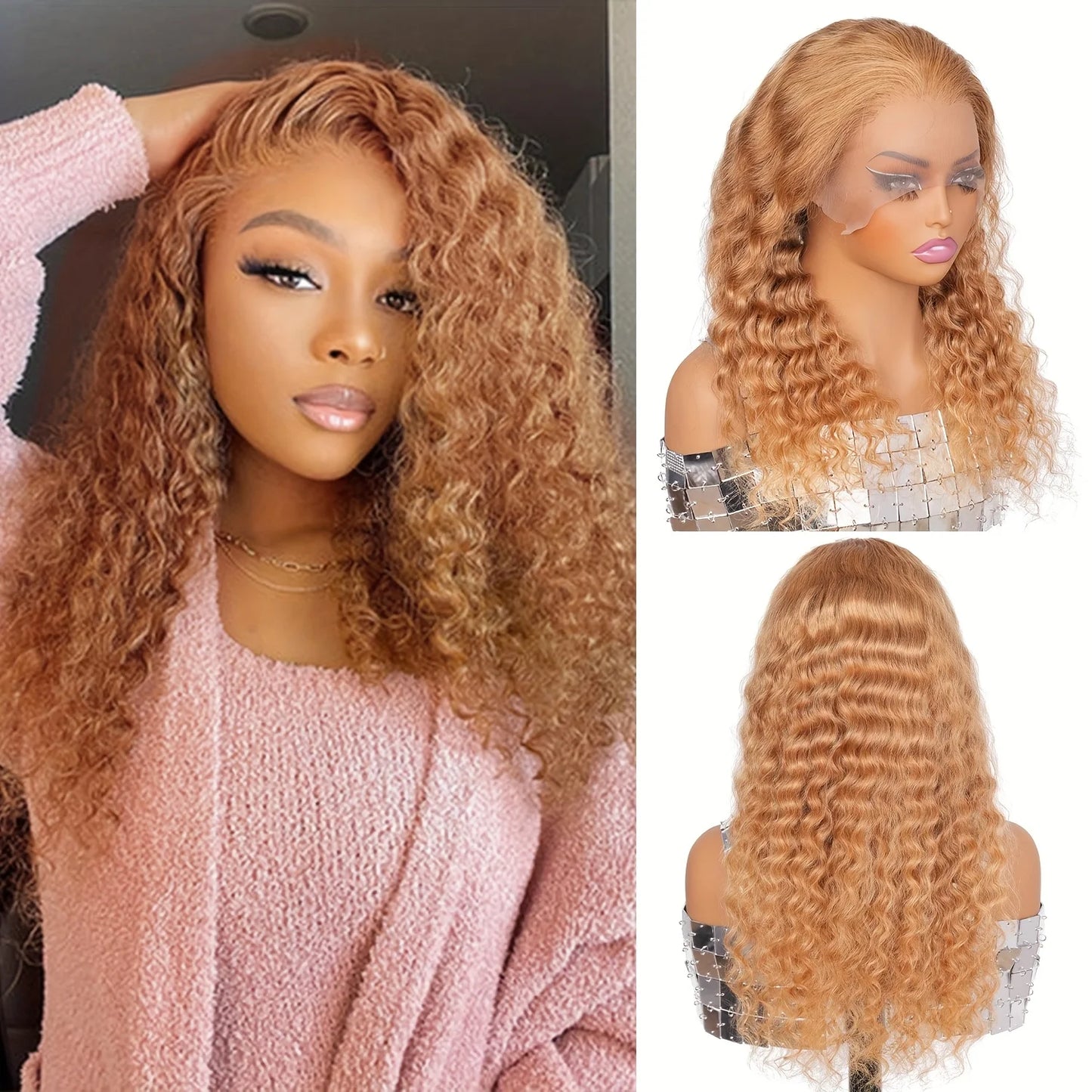 38 Inch 13x6 HD Transparent Lace Front Wig Human Hair Deep Wave Pre Plucked 200% Density Honey Blonde Human Hair Wig For Women