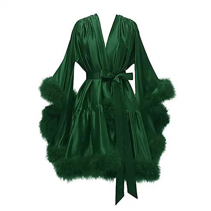 Ostrich Feathers Good Quality in Stock Women Lingerie Fur Robe Luxury Silk Prom Dress Party Gowns Sexy Evening Elegant Dress