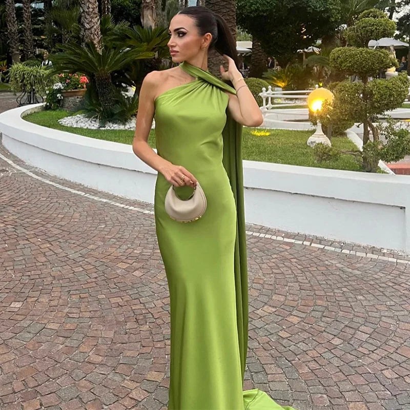 Elegant Women's Ribbon Long Satin Party Dress Halter Backless Sleeveless Female Dresses 2025 Summer Lady Solid Evening Gowns