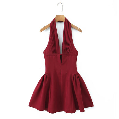 2025 Sexy Dark Red Pleated Ruched Halter Dress Women Deep V neck Slim Low Waist Swing Ball Gown Short Dresses Robe Vestidos