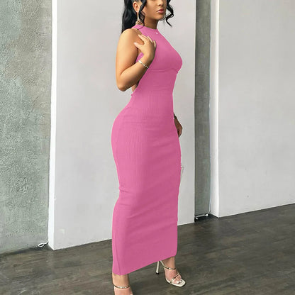 Hugcitar Ribbed Solid Hollow Out Backless Sleeveless Sexy Slit Mini Dress Bodycon 2025 Spring Women Outfits Elegant Party Y2K