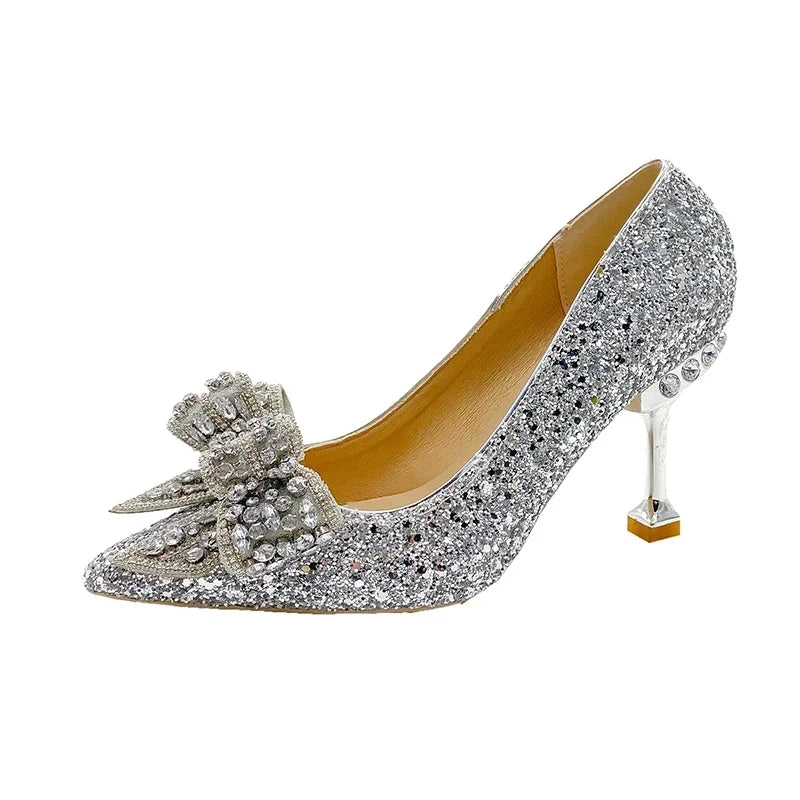 New  Women's Rhinestone Wedding Shoes Year Shoes Luxury Buckle Decorative Banquet Women's Shoes High Heels Gold Silver Red