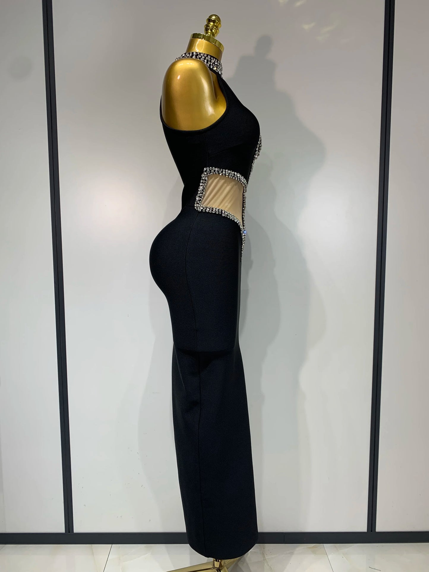 Women Sexy Rhinestone Black Sleeveless Mesh Patchwork New Arrival Stretch Bodycon Bandage Party Dresses Elegant Birthday Dress