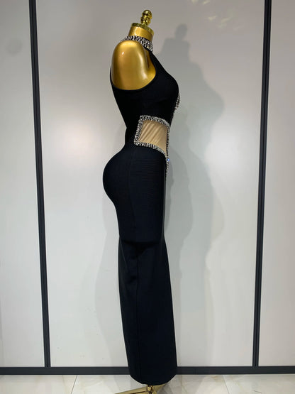 Women Sexy Rhinestone Black Sleeveless Mesh Patchwork New Arrival Stretch Bodycon Bandage Party Dresses Elegant Birthday Dress