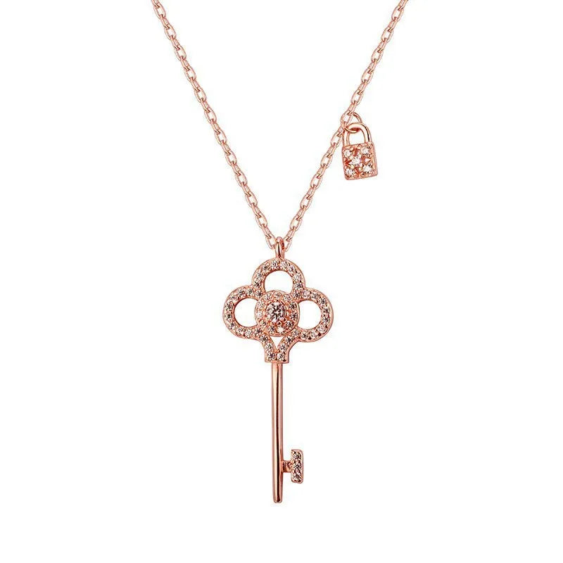 Golden Snowflake Key Pendant Necklace Female Hollow Clover Diamond Set Chain Sweater Chain