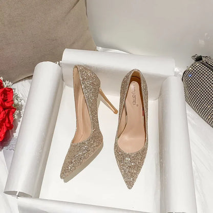 Fashion High Heels Women Sequins Thin Stiletto Banquet Wedding Shoes New Autumn /Winter Sexy Pointed Toe Ladies Party Shoes