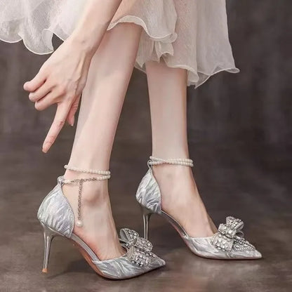 Pointed Toe Hollow Sandals Bridal Wedding Dress Versatile Rhinestone Crystal Strap Single Shoes