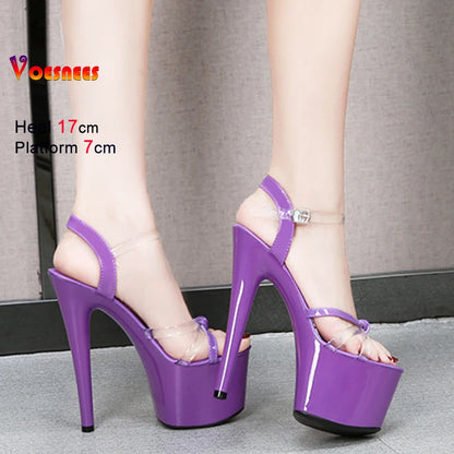 15cm 17cm Women's Sexy Black Platform Sandals Ultra-High-Heel Transparent Catwalk Artifact Model Fine Summer Shoes Pole Dancing