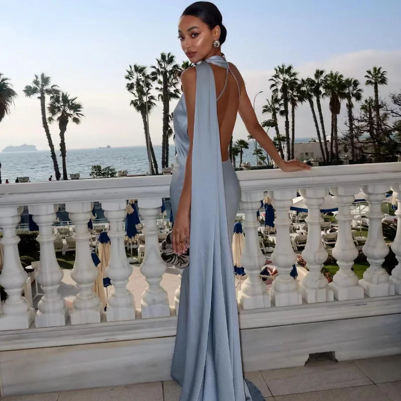 Elegant Women's Ribbon Long Satin Party Dress Halter Backless Sleeveless Female Dresses 2025 Summer Lady Solid Evening Gowns