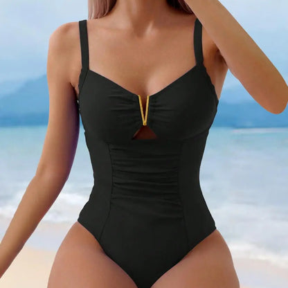 Women One-Piece Swimsuit Summer Quick-Drying Swimwear Deep V-Neck Pleated Solid Color Monokini Beachwear