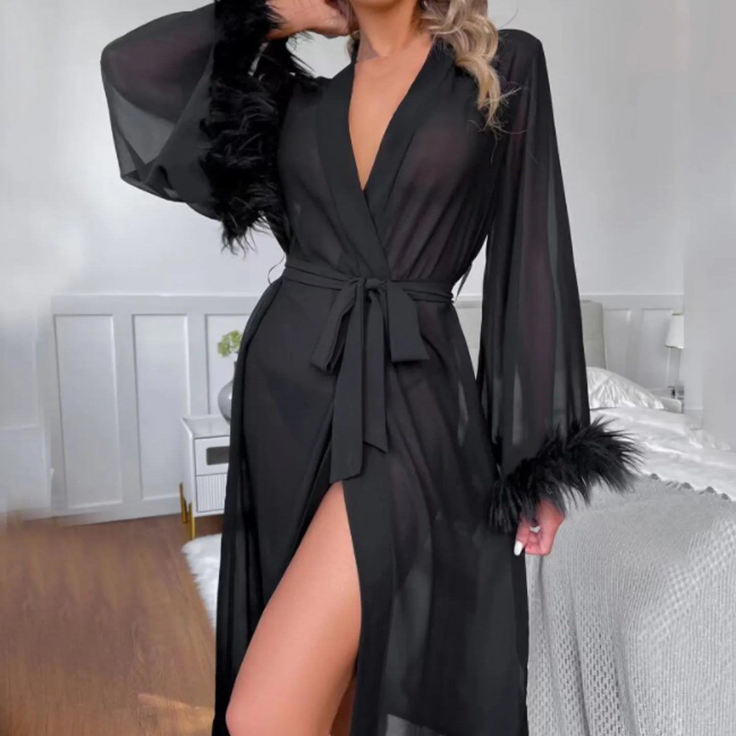Summer Women's New Robe Simulation Silk Feather Long Long-Sleeved Pajamas Nightgown Robe Comfortable Straps Women's Homewear