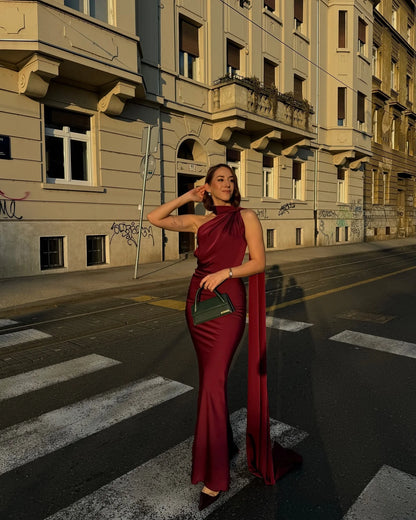 Elegant Women's Ribbon Long Satin Party Dress Halter Backless Sleeveless Female Dresses 2025 Summer Lady Solid Evening Gowns