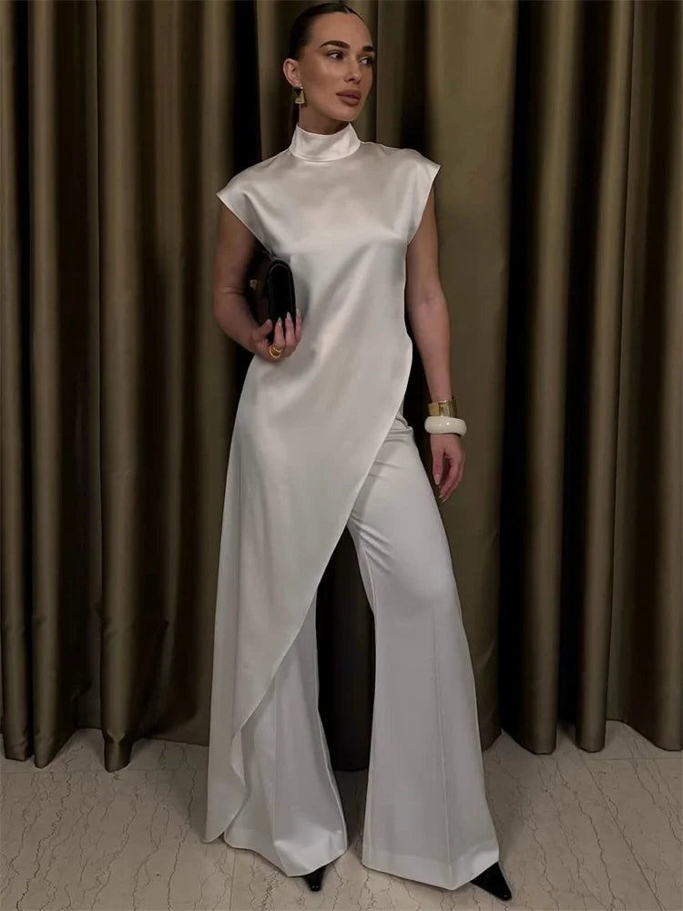 Tossy Casual Sleeveless Satin Maxi Dress Female Turtleneck Patchwork Slim Fashion Solid Commute Dress For Women Long Dress 2025