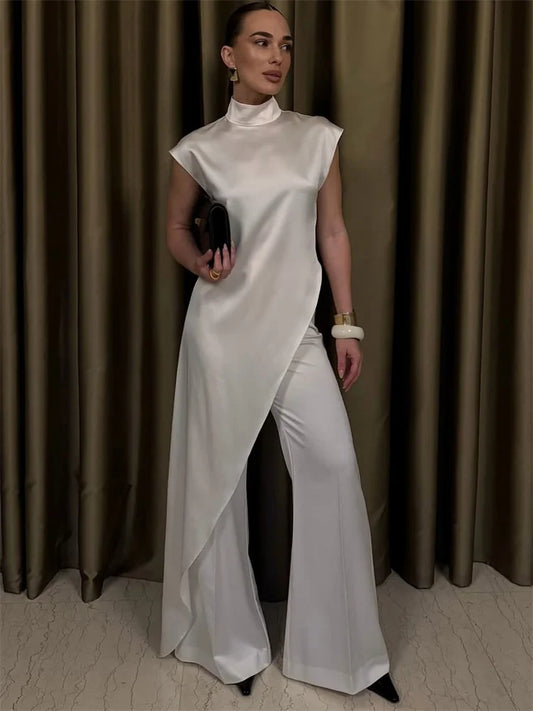 Tossy Casual Sleeveless Satin Maxi Dress Female Turtleneck Patchwork Slim Fashion Solid Commute Dress For Women Long Dress 2025