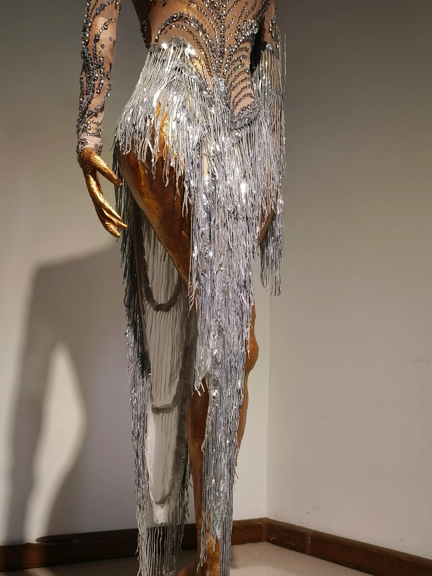 Sparkly Rhinestone Sequins Tassel Sexy Mesh See Through Dress Women Evening Birthday Party Nightclub Dance Singer Stage Outfit