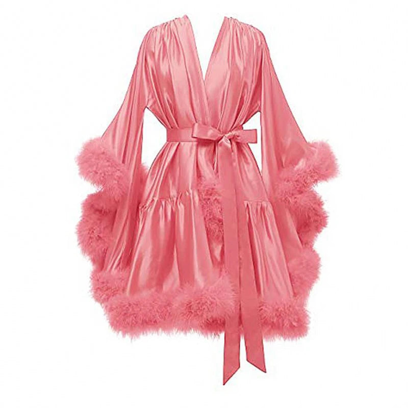Ostrich Feathers Good Quality in Stock Women Lingerie Fur Robe Luxury Silk Prom Dress Party Gowns Sexy Evening Elegant Dress