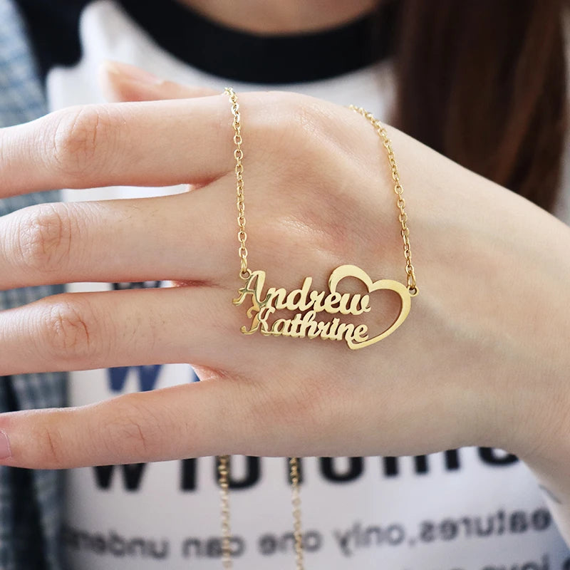 Personalized Two Name Necklaces With Heart Stainless Steel Custom Letter Couple Necklace Choker  Stainless Steel Wedding Gift