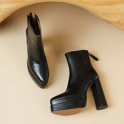 MILI-MIYA Fashion Pointed Toe Women Full Genuine Leather Ankle Boots Solid Color Thick Heels Zippers Dress Party Shoes For Lady.
