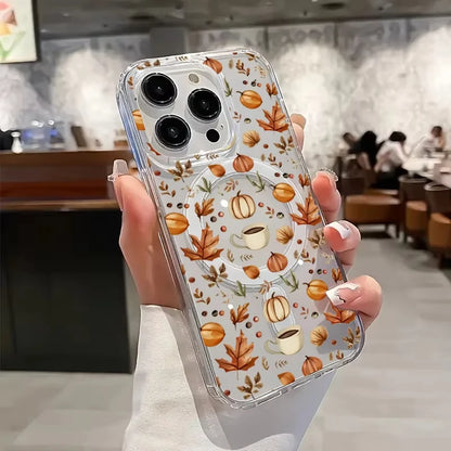 Pumpkin Autumn Leaves Magsafe Magnetic Phone Case For iPhone 17 Air 16e 16 Pro Max 15 14 Plus 13 12 Mini Transparent Back Cover
