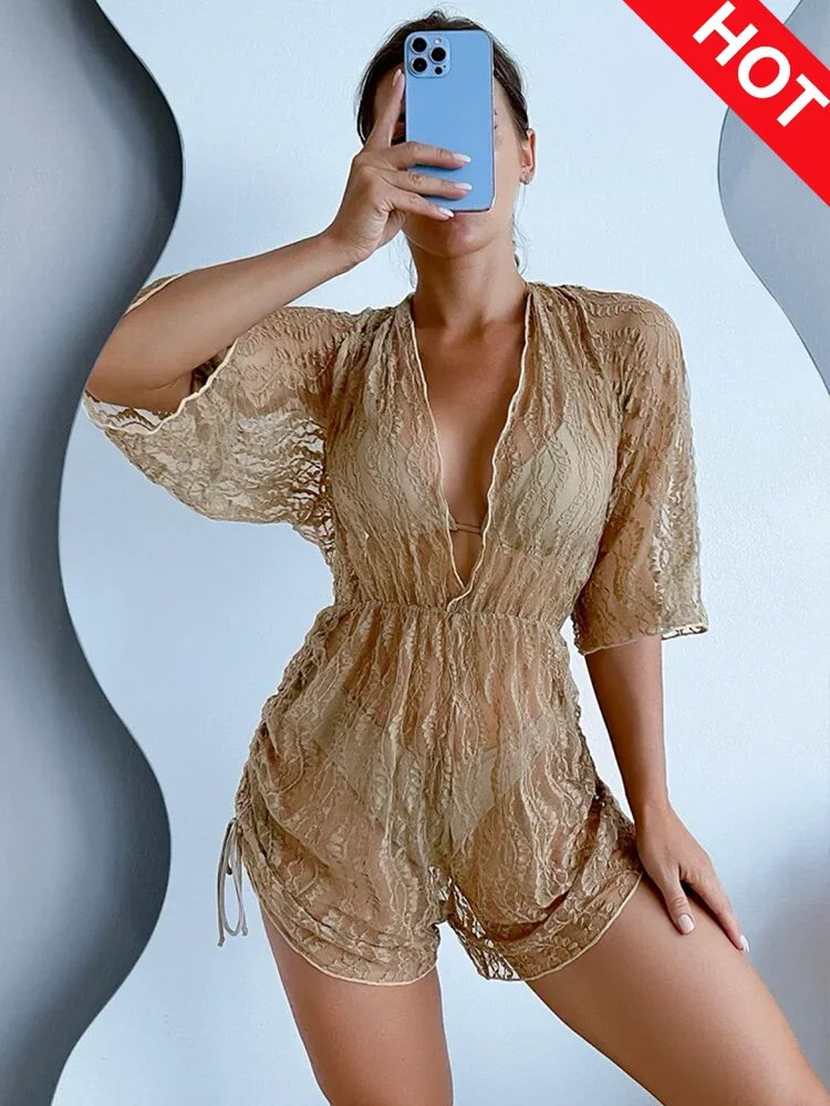 2024 3PCS Lace Hollow Out Bikini For Women Sexy Swimwear Female Pleated Cover Up Swimsuit Beach Wear New Brazilian Bathing Suit