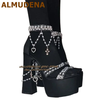 ALMUDENA Black Satin Fabric Strange Block heel Sandals Pink Velvet Pearl Chain Platform Chunky Heels Wedding Pumps Jewelry