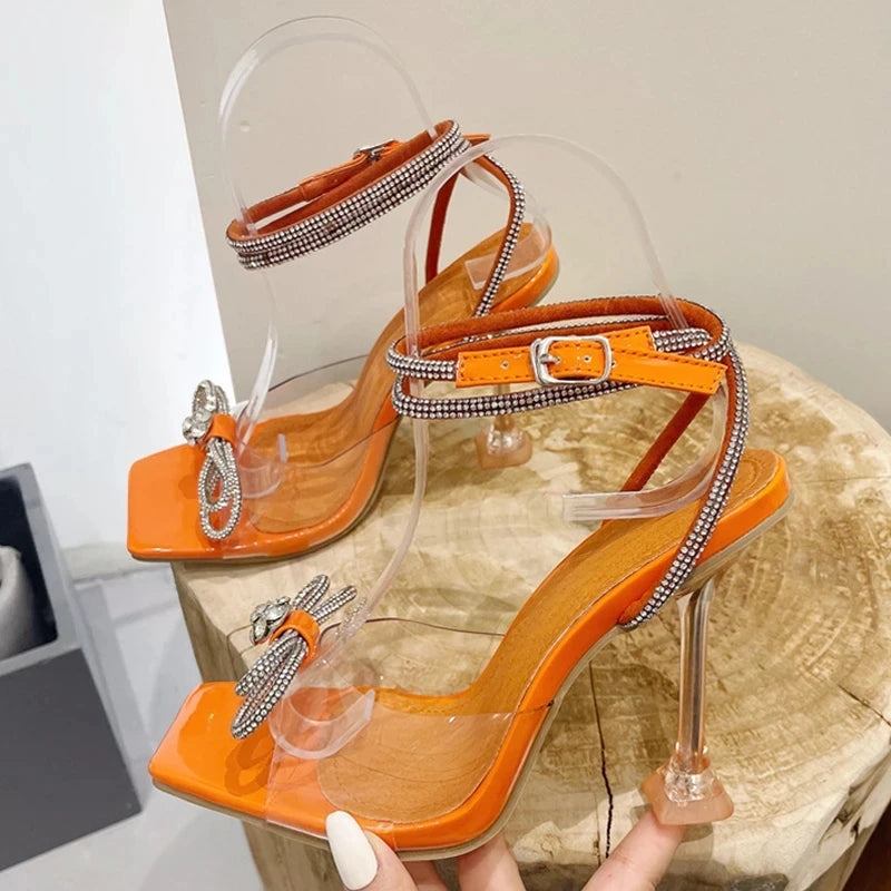 Liyke Summer Party Wedding Sandals Ladies 2025 Fashion Crystal Rhinestone Bowknot High Heels PVC Transparent Shoes Women Pumps