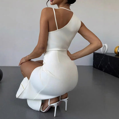 Sexy Slit Backless Midi Dress Elegant Simple Party Net Color Shoulder Baring Dress Cross-Border 2025 Fashion Slimming Dress