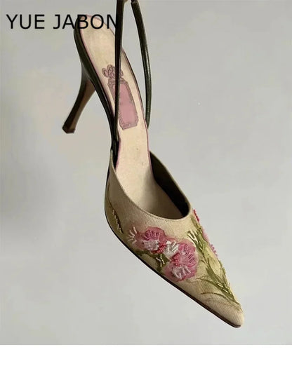 Flowers Embroidered Stiletto Heel Sandals Women Elegant High Heels Slingback Sandals China Embroider Pointed Toe Pumps Women