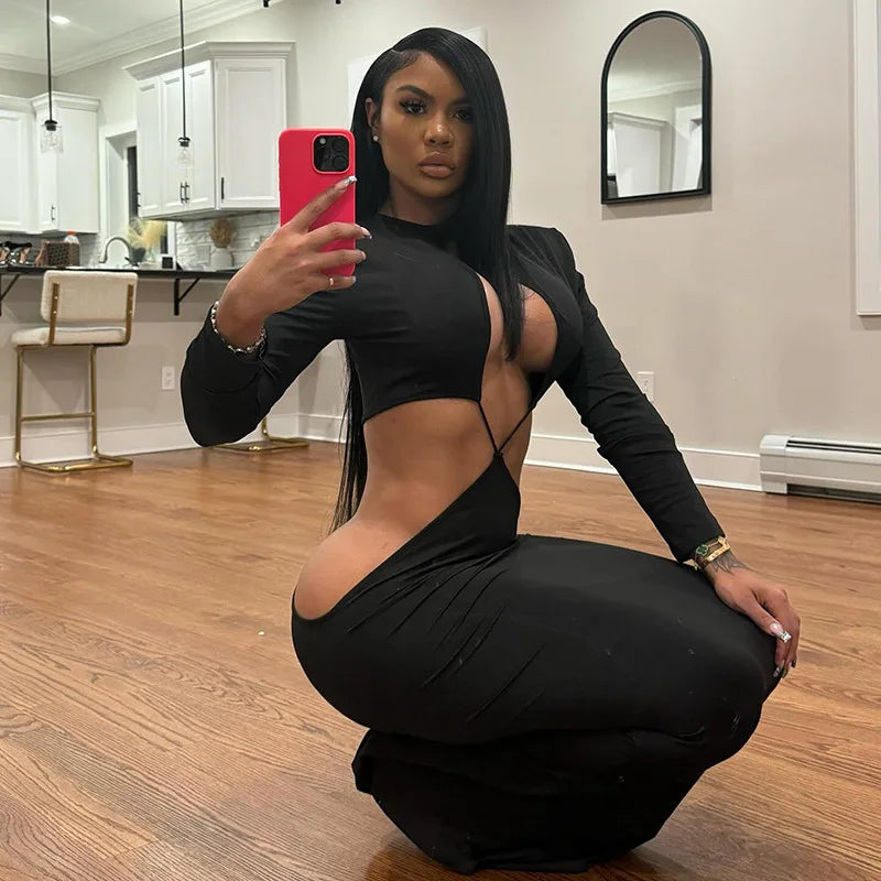 DSMTRC Hollow Out Womens Irregular Waistless Backless Sexy Coquette Dresses Full Sleeve Stretch Skinny Clubwear Hipster Vestidos