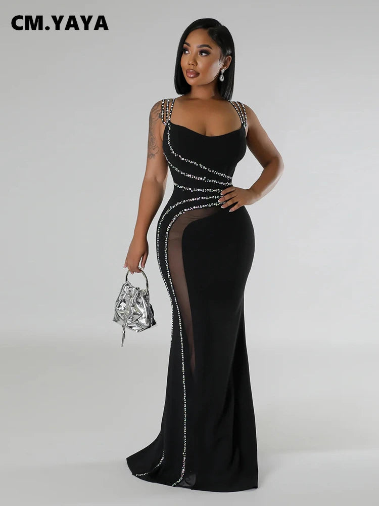 CM.YAYA Women Diamond Strapless Sleeveless Bodycon Long Maxi Dress Summer Streetwear Sexy Vestidos Night Party Evening Dresses