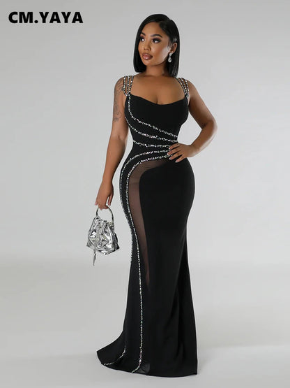 CM.YAYA Women Diamond Strapless Sleeveless Bodycon Long Maxi Dress Summer Streetwear Sexy Vestidos Night Party Evening Dresses